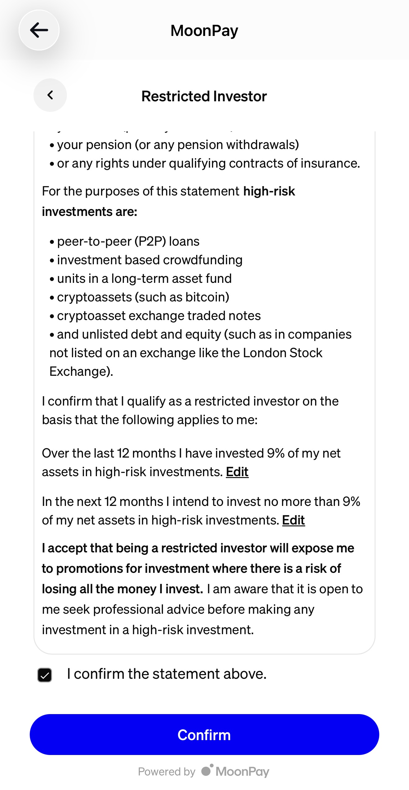 Restricted investor confirmation
